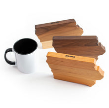 Load image into Gallery viewer, three mini iowa chopping boards compared to the size of a coffee mug
