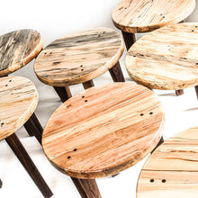 Load image into Gallery viewer, Close up of seven Amana Savanna Rustic Maple end tables showing the uniqueness of each table top