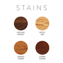 Load image into Gallery viewer, Wood stains. Top row, left to right, regular walnut, rustic oak. Bottom row, left to right, harvest cherry, cherry coffee.