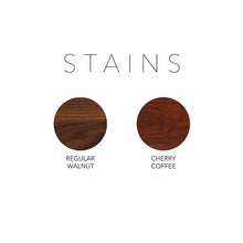 Load image into Gallery viewer, Wood stains. Left to right, regular walnut, cherry coffee.
