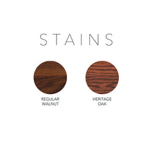Load image into Gallery viewer, Wood stains. Left to right, regular walnut, heritage oak.