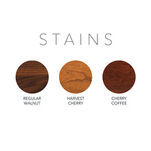 Load image into Gallery viewer, Wood stains. Left to right, regular walnut, harvest cherry, cherry coffee.
