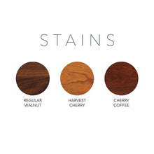 Load image into Gallery viewer, Wood stains. Left to right, regular walnut, harvest cherry, cherry coffee.