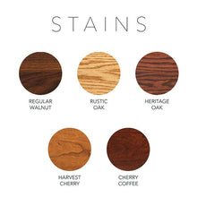 Load image into Gallery viewer, Wood stains. Top row, left to right, regular walnut, rustic oak, heritage oak. Bottom row, left to right, harvest cherry, cherry coffee.