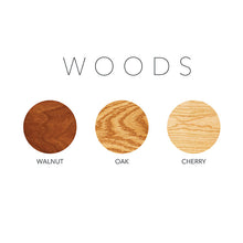 Load image into Gallery viewer, wood swatches, from left to right. walnut, oak, cherry
