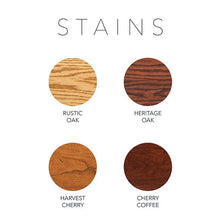 Load image into Gallery viewer, Wood stains. Top row, left to right, rustic oak, heritage oak. Bottom row, left to right, harvest cherry, cherry coffee.
